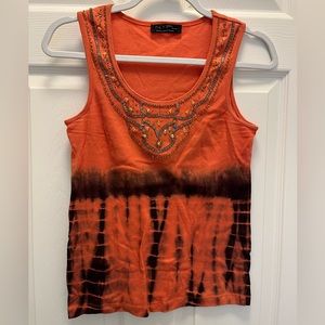 NYPL Collection Orange Tie Dye Beaded Tank Top